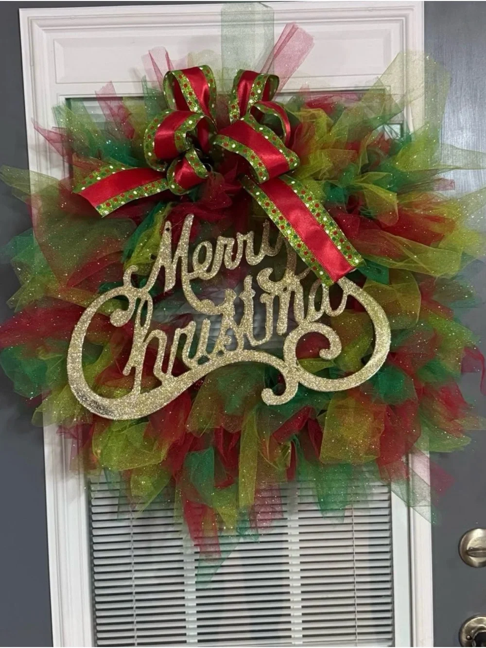 Holiday Red & Green Tulle Wreath with Gold 'Merry Christmas' Sign